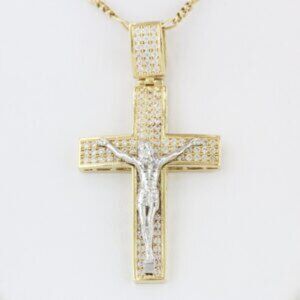 14K Yellow Gold Cubic Zirconia CZ Crucifix Jesus Christ Religious Pendant
